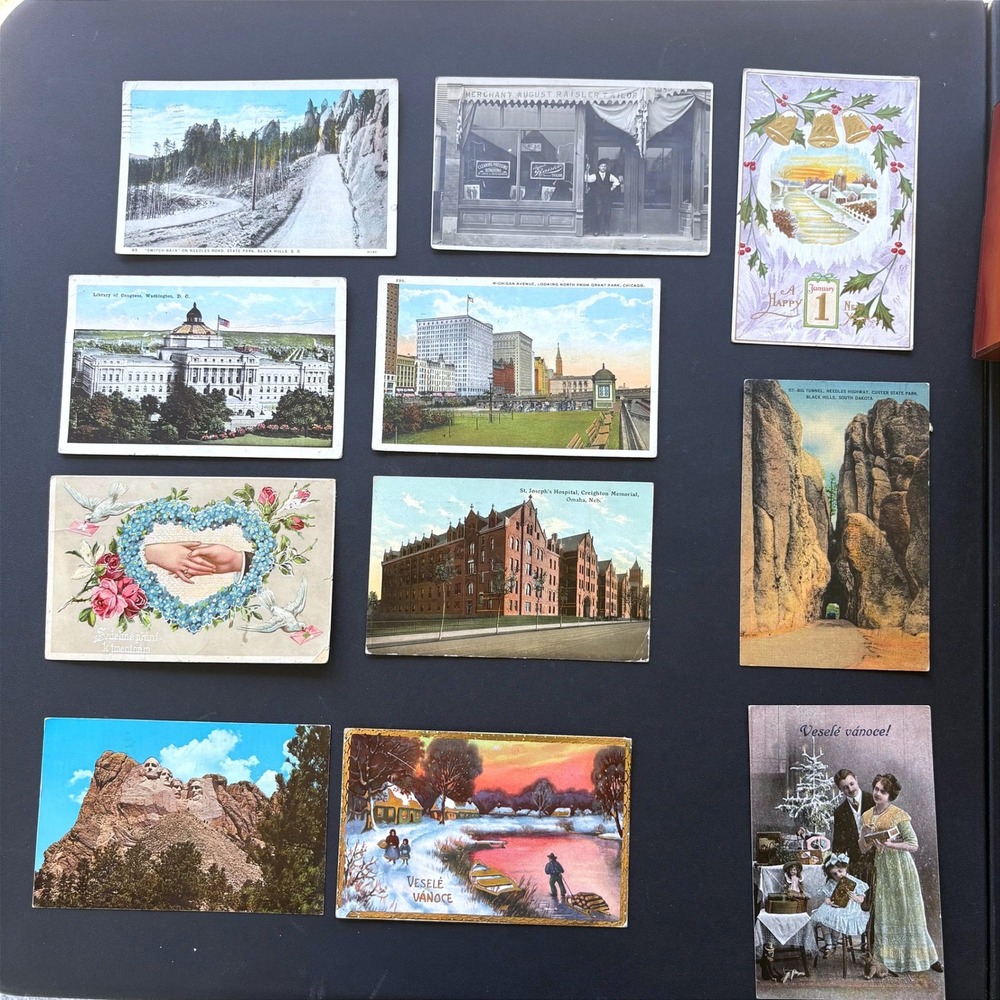 Vintage Postcard Lot 11pc Chicago Omaha‎ Mt Rushmore 1900s-1970s Holiday Travel